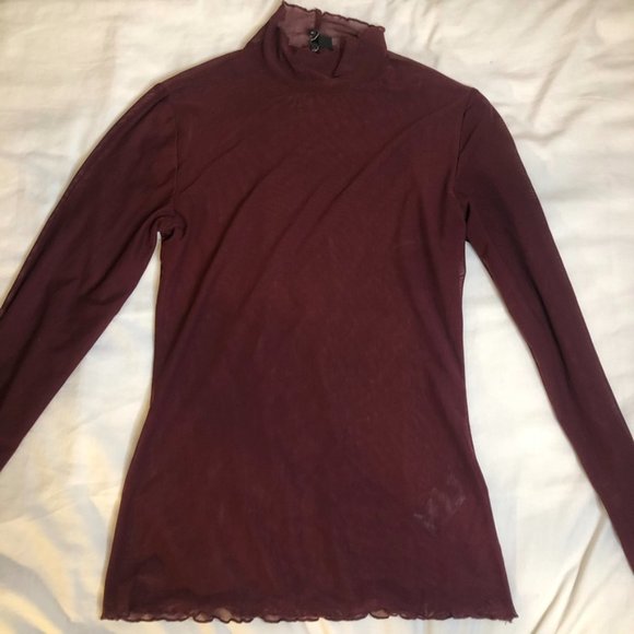 Maroon Mesh Cover Up Top, Long Sleeved Low Turtleneck - Picture 9 of 10
